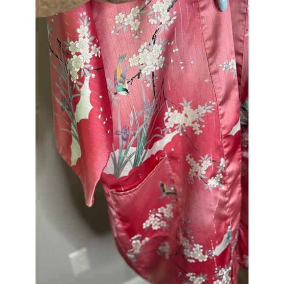Vintage Japanese Kimono Robe Lingerie Satin Pink Bird Floral Asian Silver‎ - Picture 4 of 8
